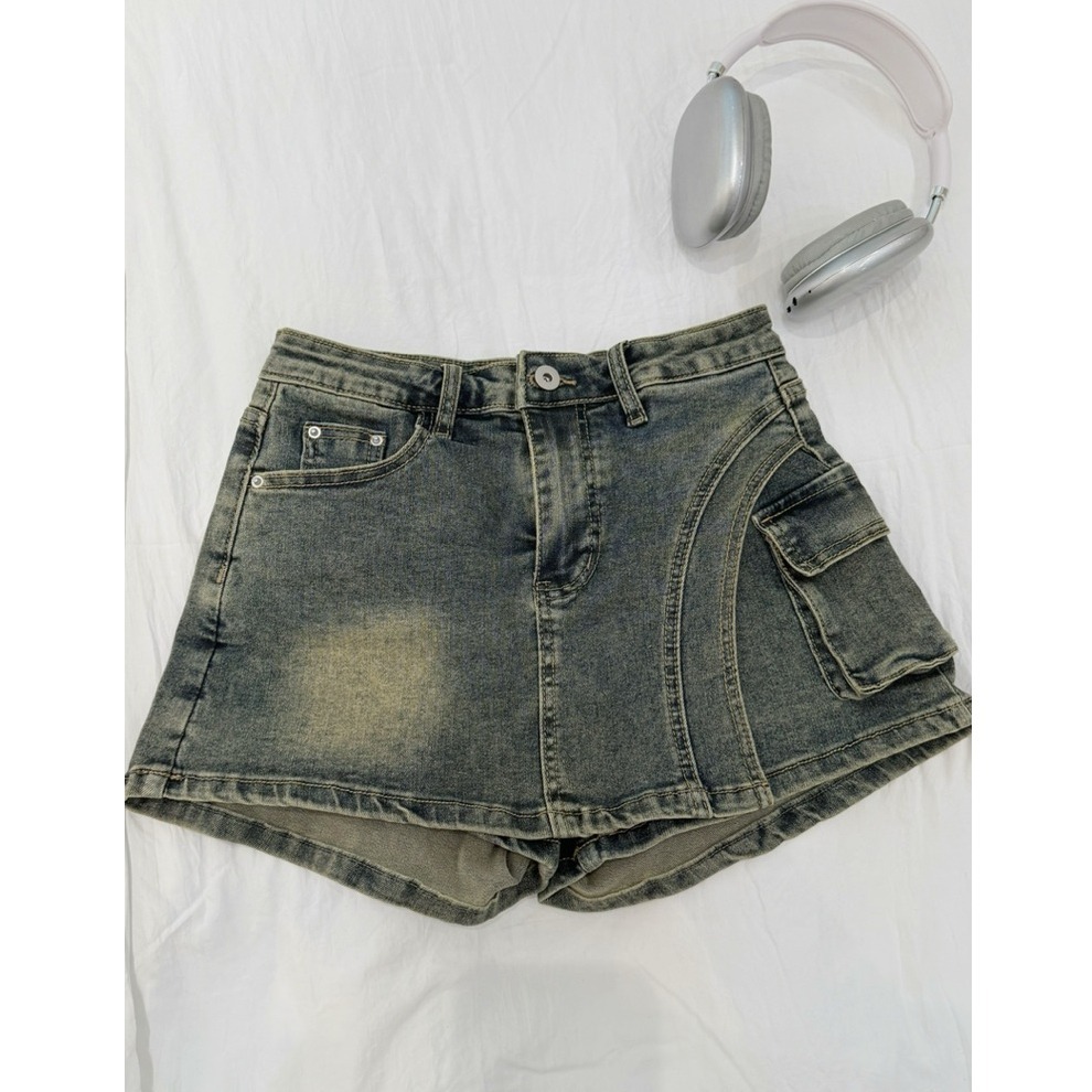 bunny_stall (現貨)復古設計感不規則牛仔褲裙/短裙/S-XL-細節圖7