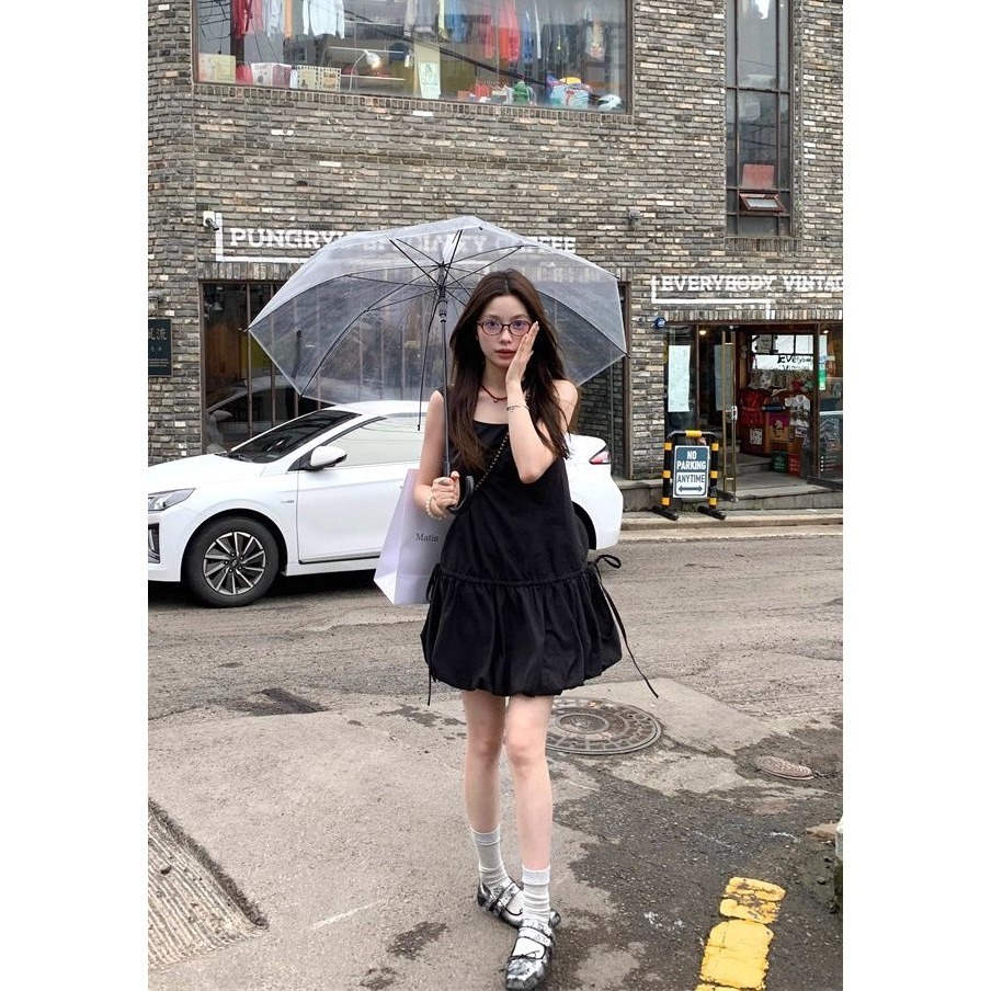 N.澎澎感抽繩花苞連身裙/黑S