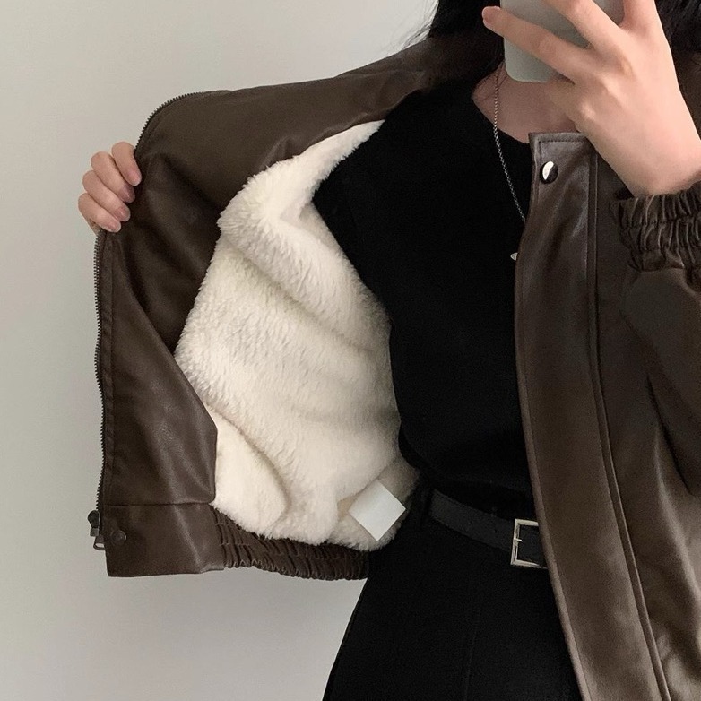 bunny_stall (現貨)雪夜情深🤎質感在線的加絨款翻領皮衣外套-細節圖2