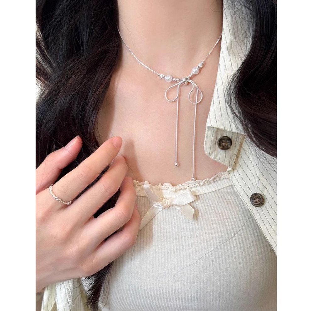 bunny_stall 輕鬆點綴仙女氣息的蝴蝶結珍珠項鍊鎖骨練-細節圖2