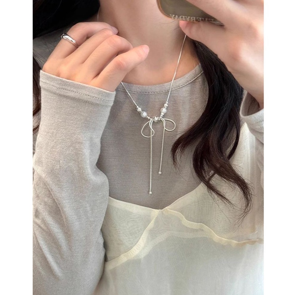 bunny_stall 輕鬆點綴仙女氣息的蝴蝶結珍珠項鍊鎖骨練-細節圖3