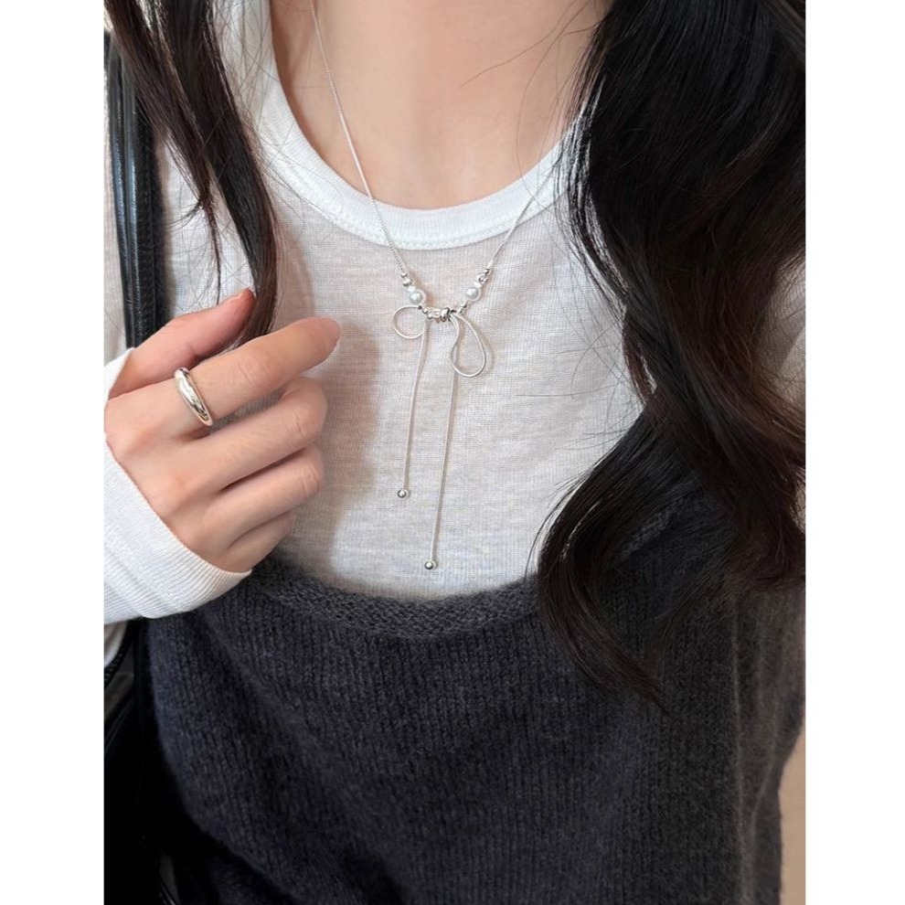 bunny_stall 輕鬆點綴仙女氣息的蝴蝶結珍珠項鍊鎖骨練-細節圖4