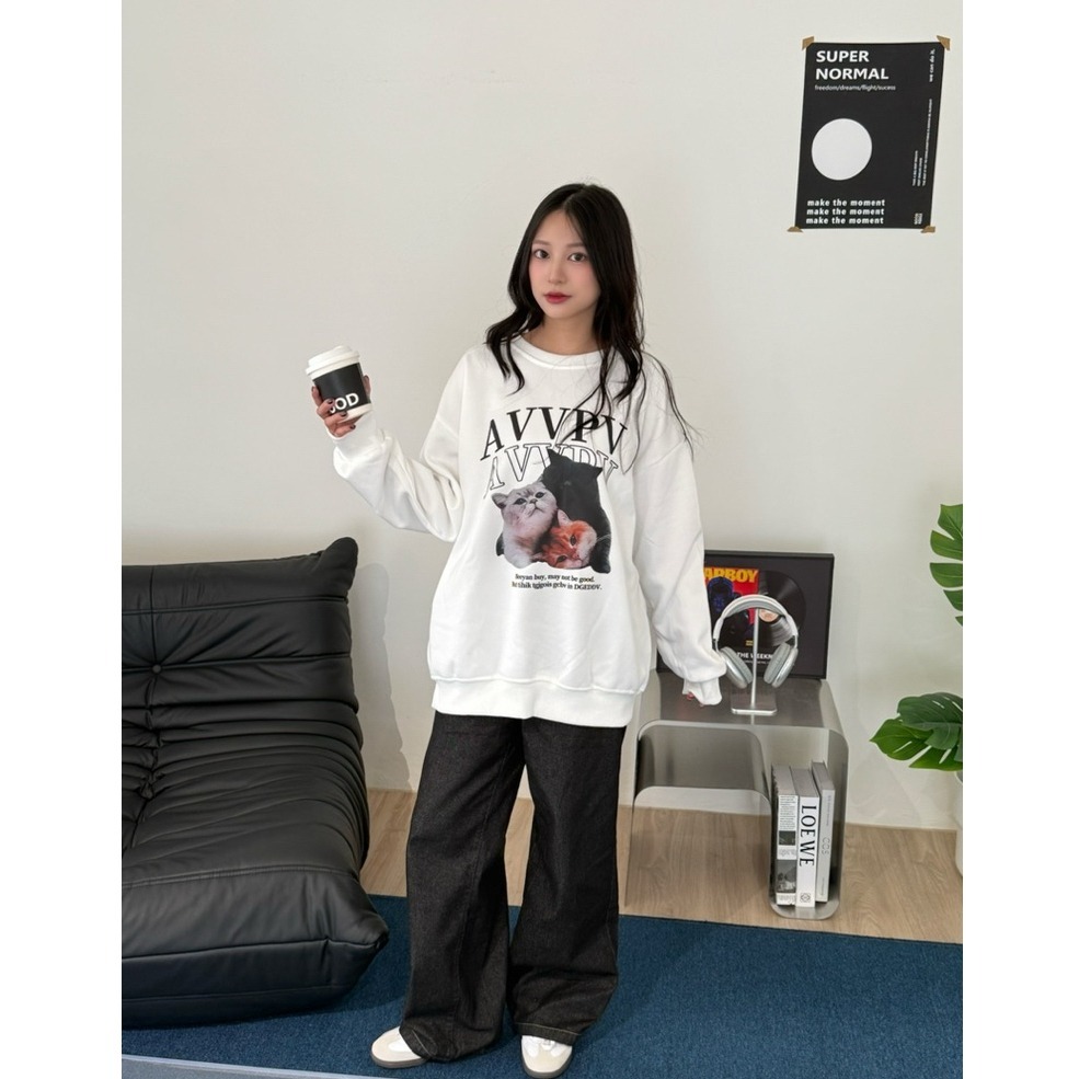 bunny_stall 療癒系貓咪印花休閒長袖衛衣/大學T/S-L-細節圖3