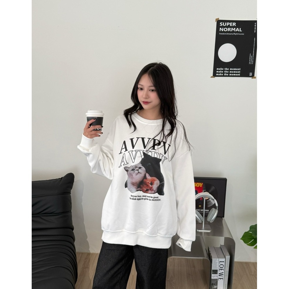 bunny_stall 療癒系貓咪印花休閒長袖衛衣/大學T/S-L-細節圖5