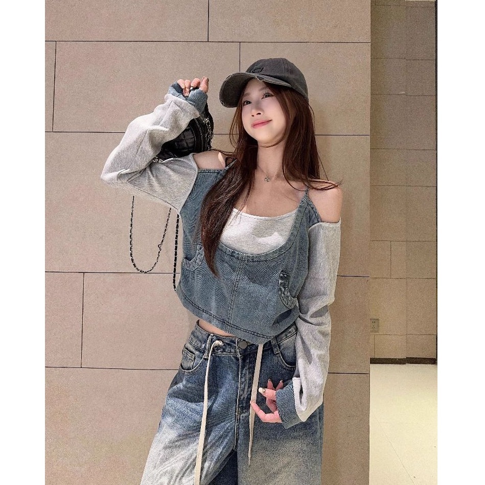 bunny_stall (現貨)不撞款的假兩件式牛仔拼接長袖短版上衣/M-L-細節圖6