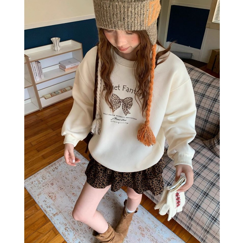 bunny_stall 直接穿著走！豹紋蝴蝶印花長袖衛衣+咖啡色豹紋蛋糕短裙/4Colors/S-L-細節圖2