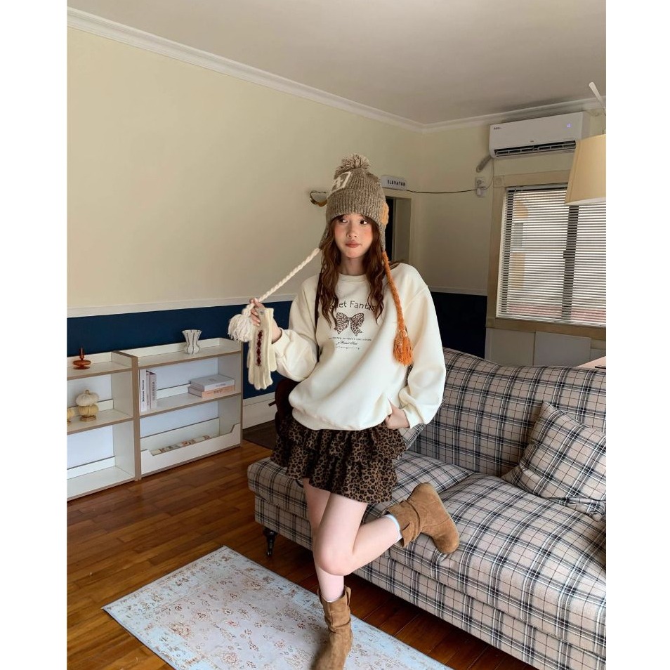 bunny_stall 直接穿著走！豹紋蝴蝶印花長袖衛衣+咖啡色豹紋蛋糕短裙/4Colors/S-L-細節圖3