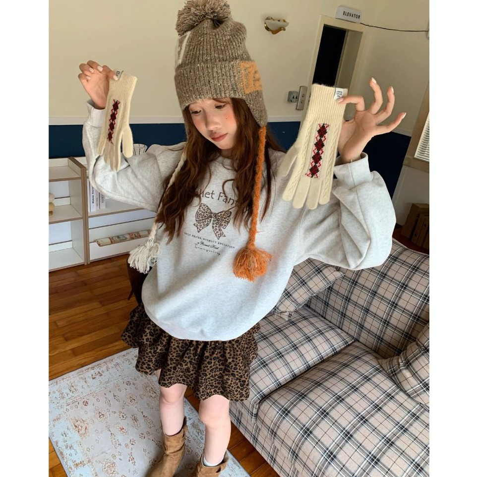 bunny_stall 直接穿著走！豹紋蝴蝶印花長袖衛衣+咖啡色豹紋蛋糕短裙/4Colors/S-L-細節圖4