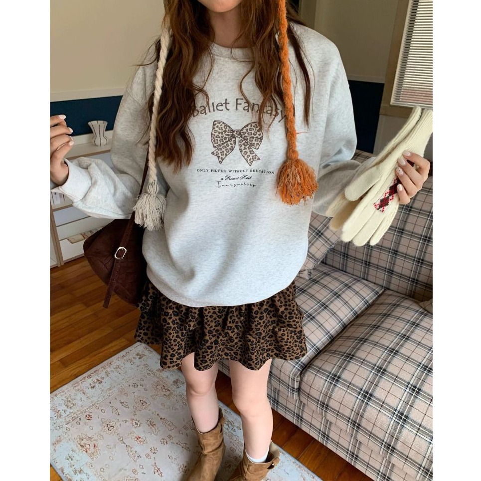 bunny_stall 直接穿著走！豹紋蝴蝶印花長袖衛衣+咖啡色豹紋蛋糕短裙/4Colors/S-L-細節圖5