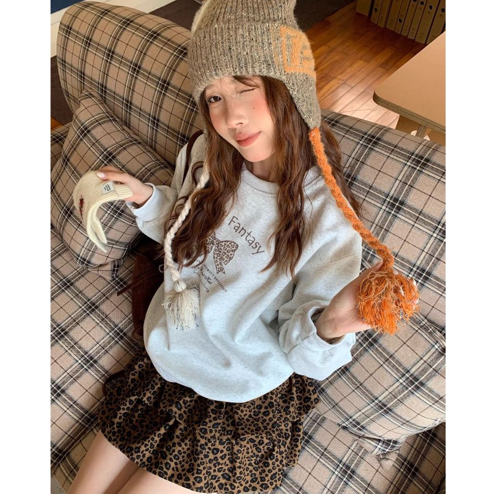 bunny_stall 直接穿著走！豹紋蝴蝶印花長袖衛衣+咖啡色豹紋蛋糕短裙/4Colors/S-L-細節圖6