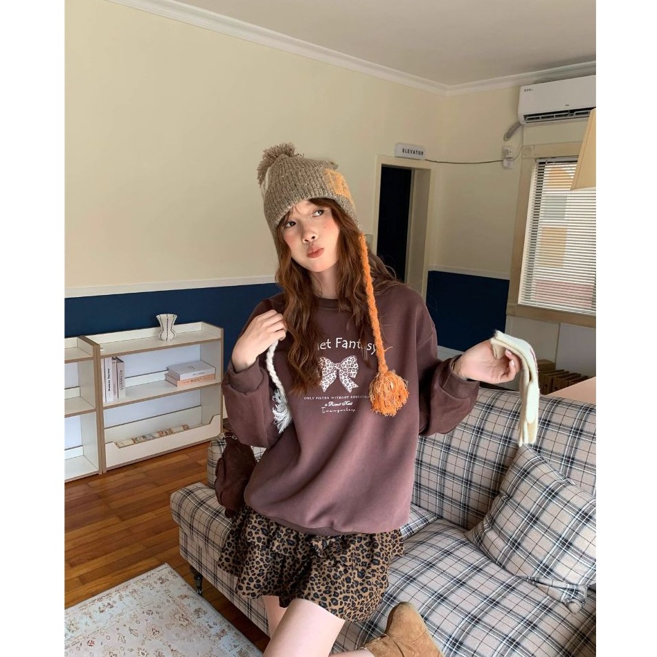 bunny_stall 直接穿著走！豹紋蝴蝶印花長袖衛衣+咖啡色豹紋蛋糕短裙/4Colors/S-L-細節圖7