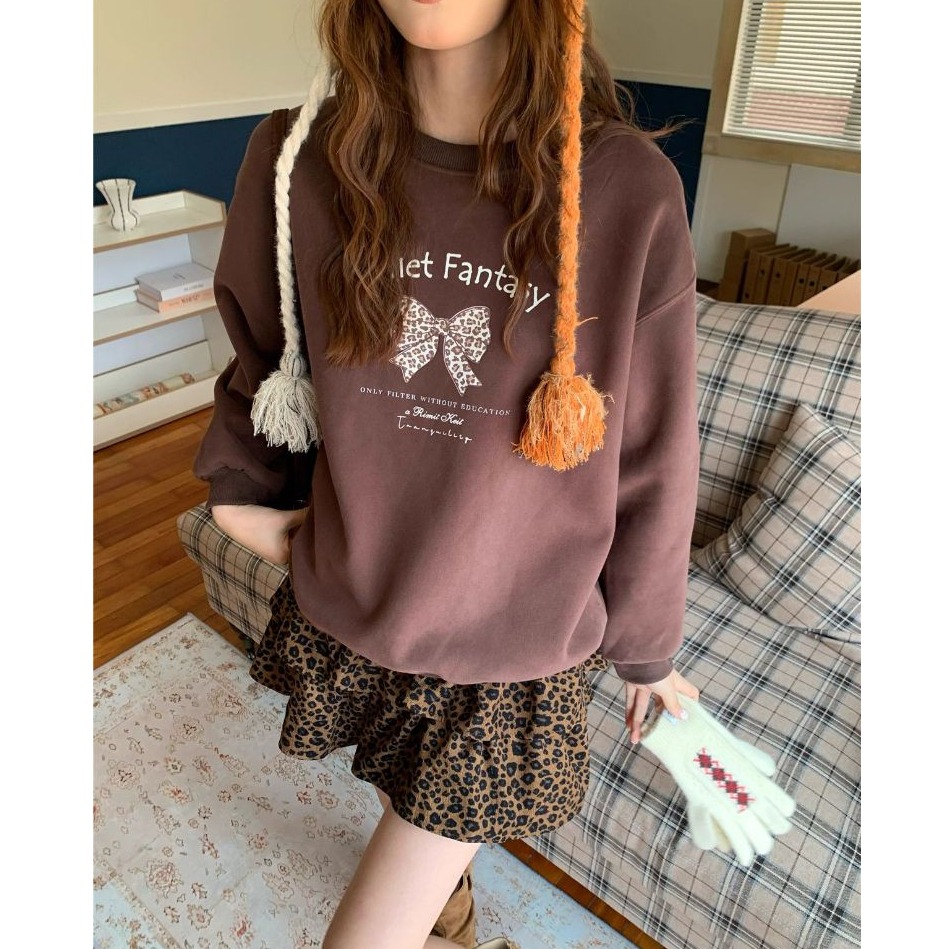 bunny_stall 直接穿著走！豹紋蝴蝶印花長袖衛衣+咖啡色豹紋蛋糕短裙/4Colors/S-L-細節圖8