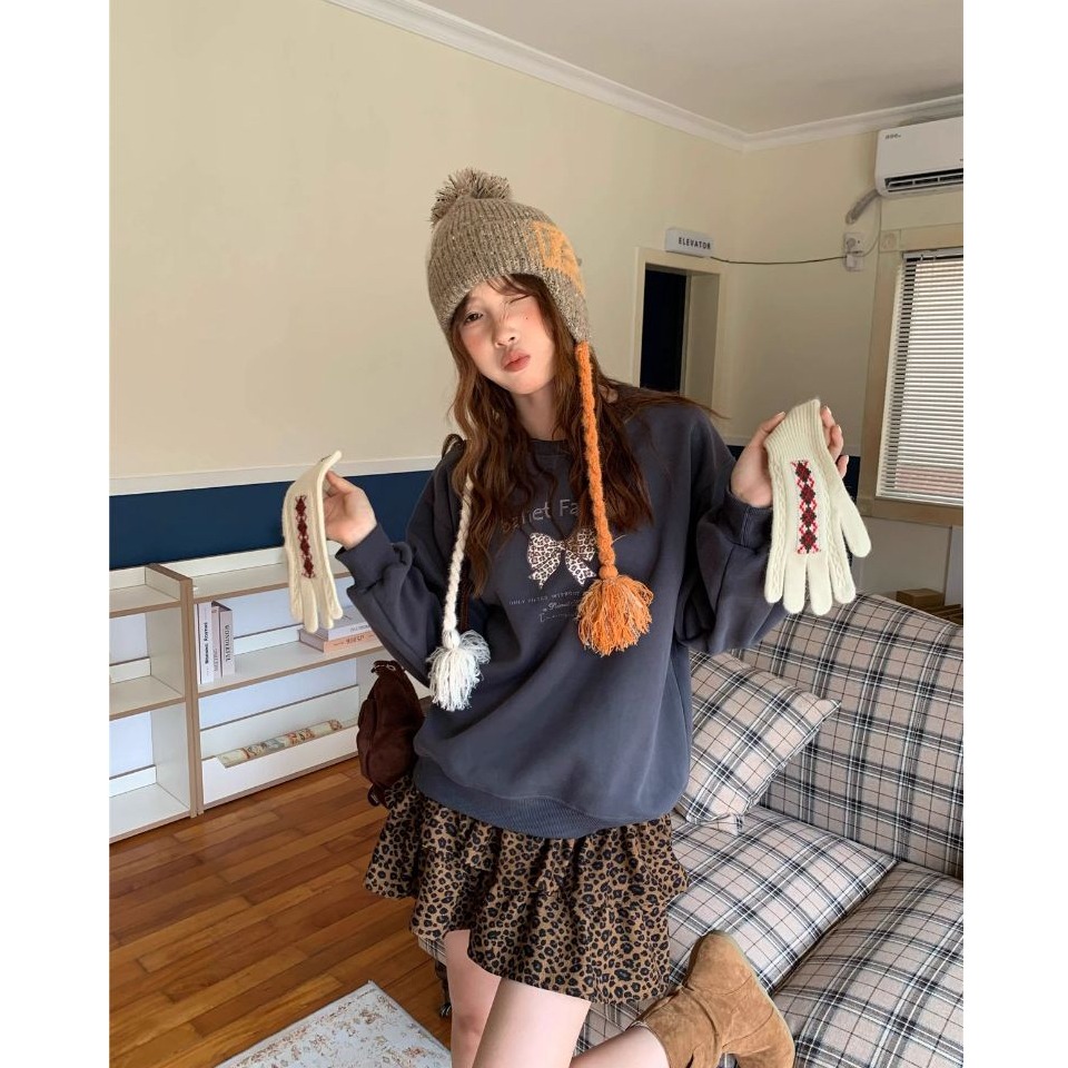 bunny_stall 直接穿著走！豹紋蝴蝶印花長袖衛衣+咖啡色豹紋蛋糕短裙/4Colors/S-L-細節圖9