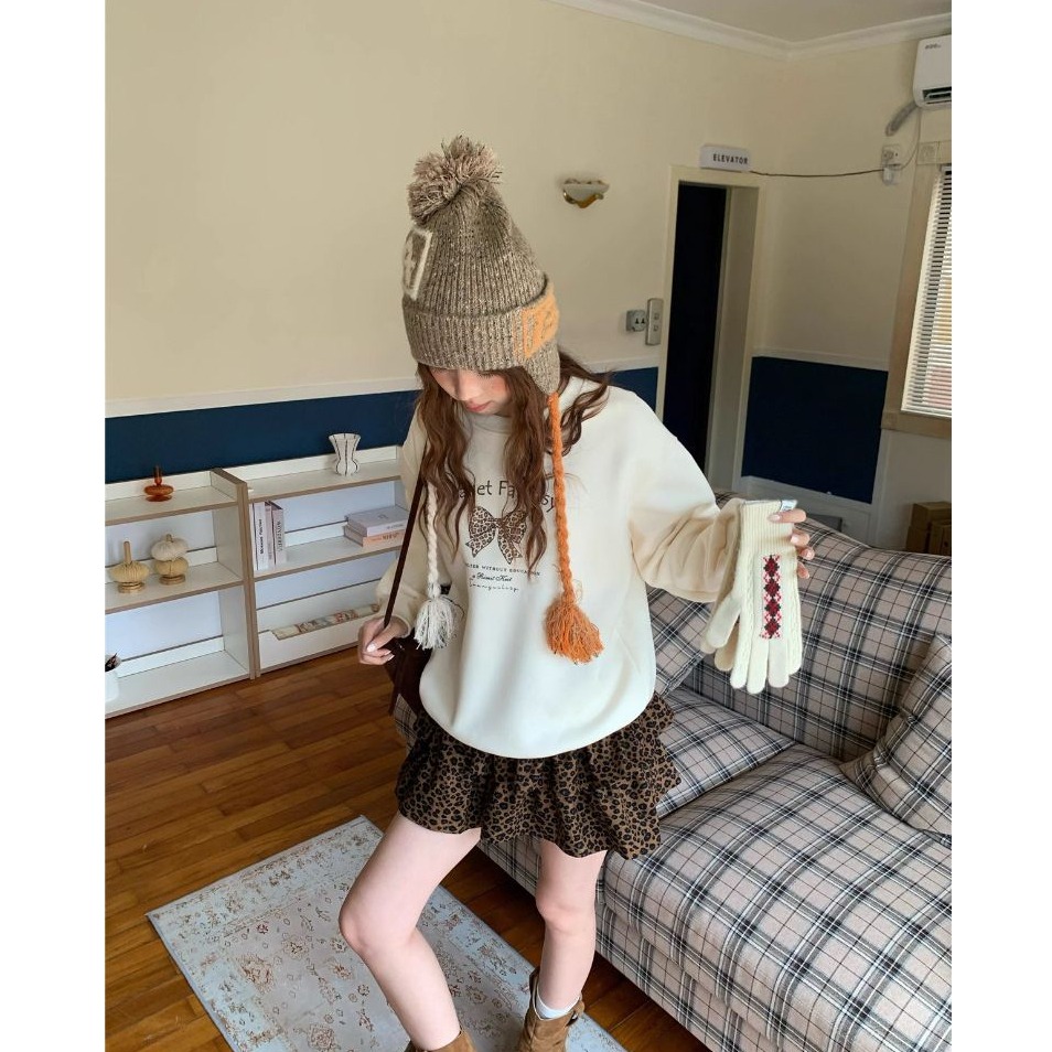 bunny_stall 直接穿著走！豹紋蝴蝶印花長袖衛衣+咖啡色豹紋蛋糕短裙/4Colors/S-L-規格圖9