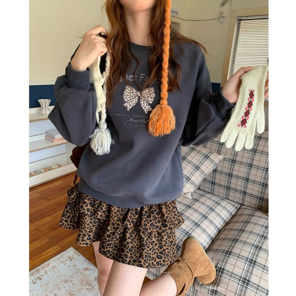 bunny_stall 直接穿著走！豹紋蝴蝶印花長袖衛衣+咖啡色豹紋蛋糕短裙/4Colors/S-L-規格圖9