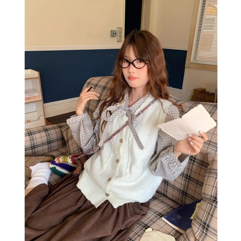 bunny_stall 秋冬日系感疊穿🍂襯衫+針織背心+燈心絨中長裙套裝/S-L-細節圖3