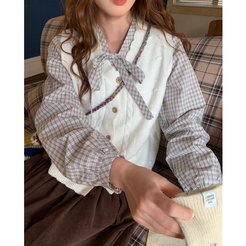 bunny_stall 秋冬日系感疊穿🍂襯衫+針織背心+燈心絨中長裙套裝/S-L-細節圖4