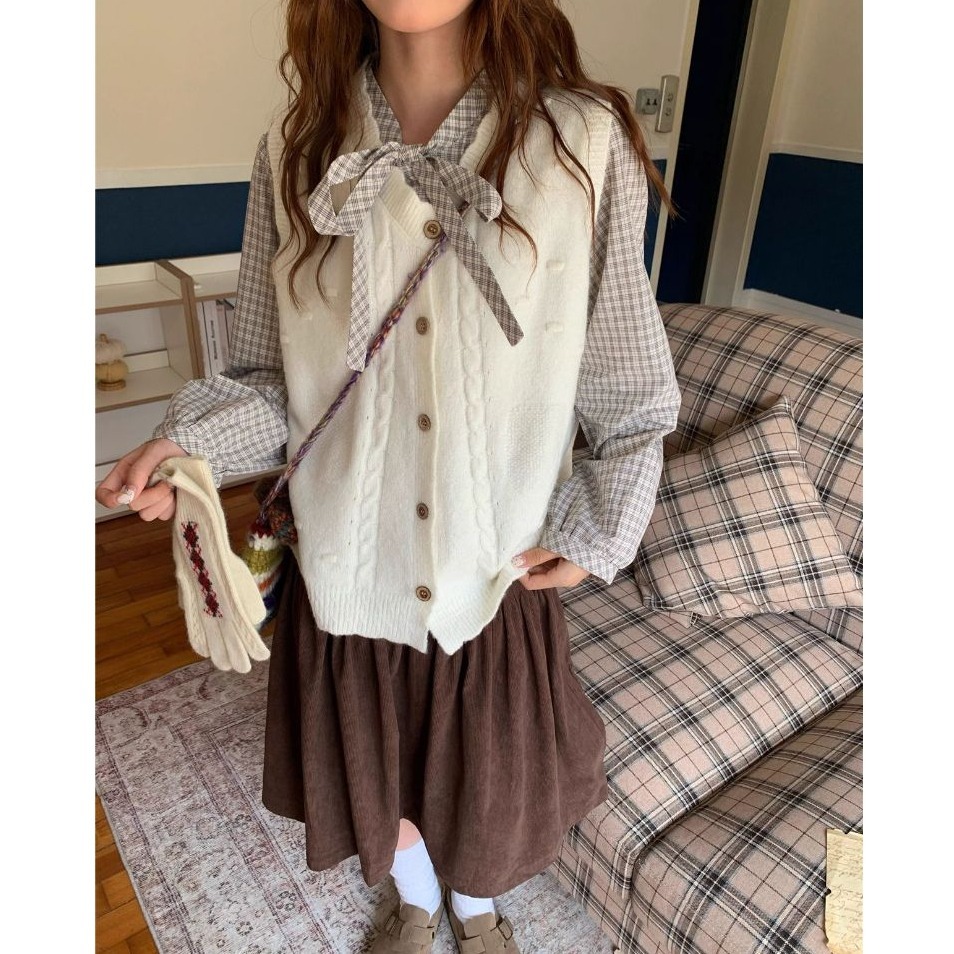 bunny_stall 秋冬日系感疊穿🍂襯衫+針織背心+燈心絨中長裙套裝/S-L-細節圖5
