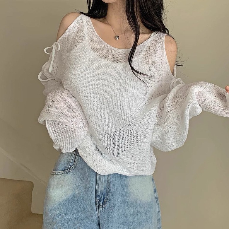 bunny_stall (現貨)漫步萊茵河畔🩵微露肩綁帶的薄款針織衫/S-L-細節圖4