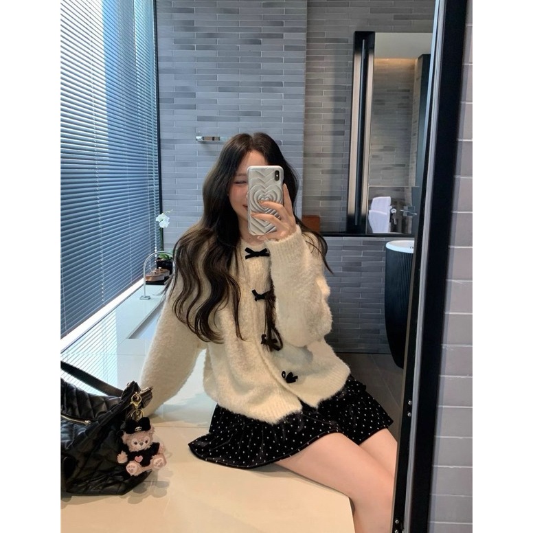 bunny_stall 冬韻柔情🎀白色蝴蝶結針織毛衣+點點絲絨蛋糕裙-細節圖7