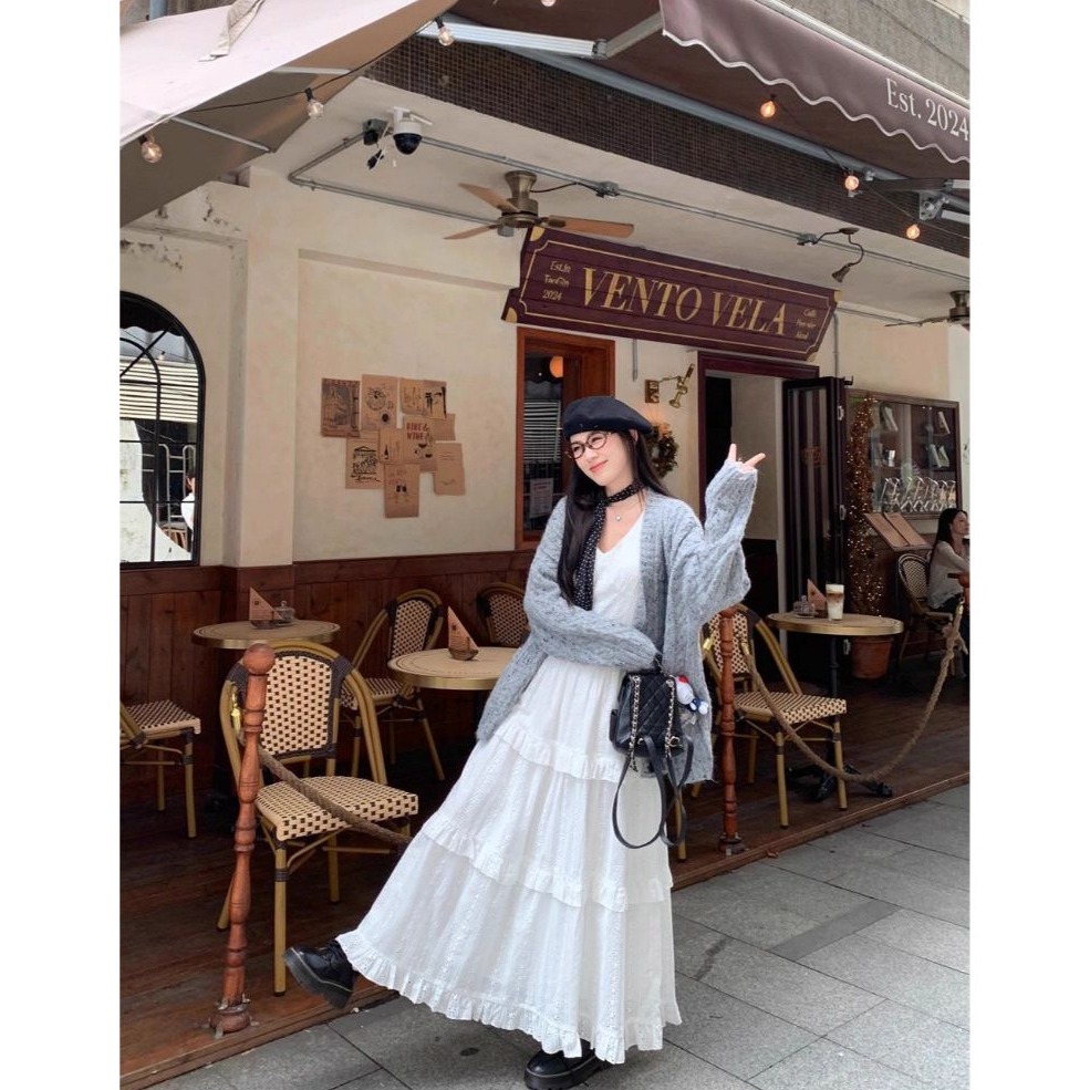 bunny_stall 不得不入手的唯美浪漫V領連身長裙+慵懶感針織外套/S-L-細節圖8