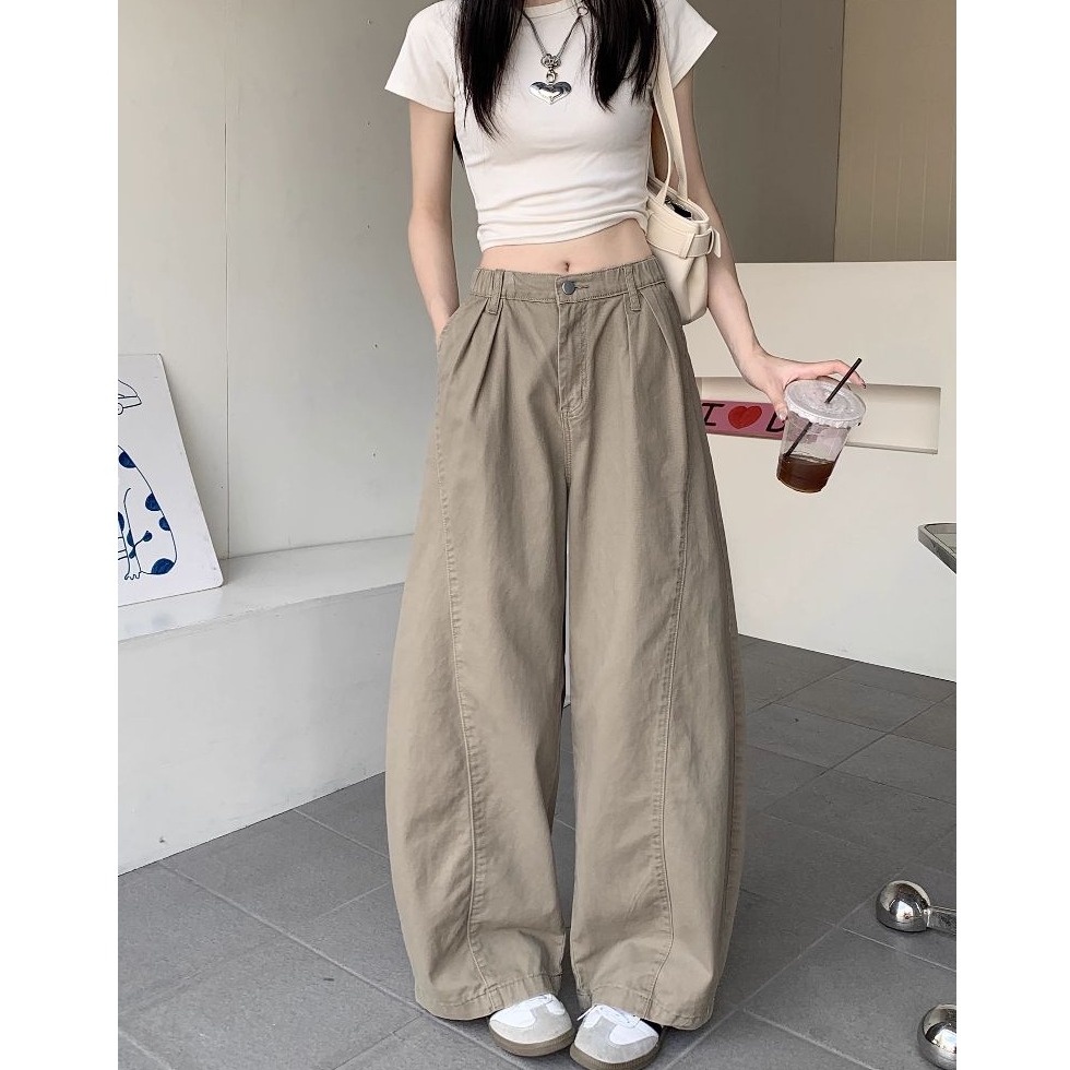 bunny_stall 美式復古色調🤎高腰闊腿牛仔拖地褲/灣刀褲/背後鬆緊設計/S-XL-細節圖2