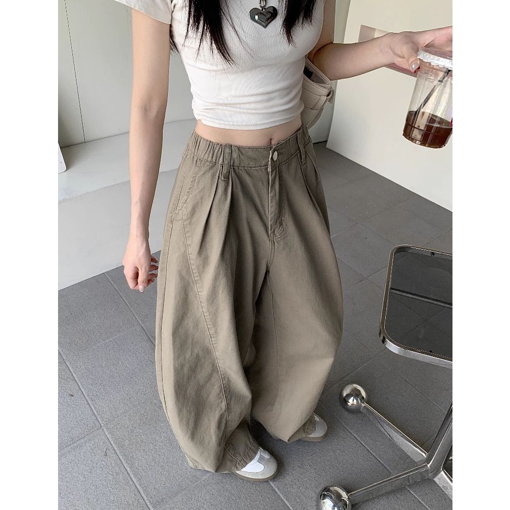 bunny_stall 美式復古色調🤎高腰闊腿牛仔拖地褲/灣刀褲/背後鬆緊設計/S-XL-細節圖3