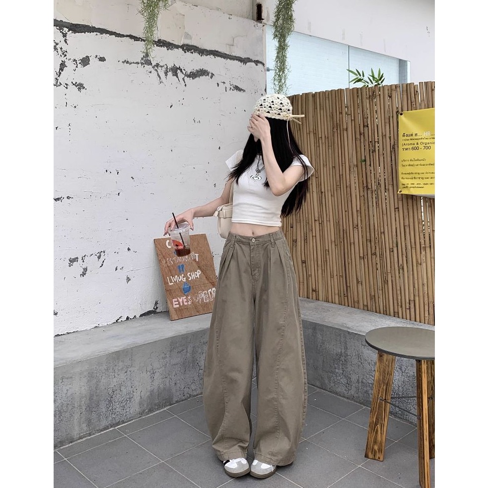 bunny_stall 美式復古色調🤎高腰闊腿牛仔拖地褲/灣刀褲/背後鬆緊設計/S-XL-細節圖4