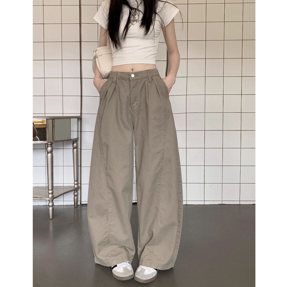 bunny_stall 美式復古色調🤎高腰闊腿牛仔拖地褲/灣刀褲/背後鬆緊設計/S-XL-細節圖5