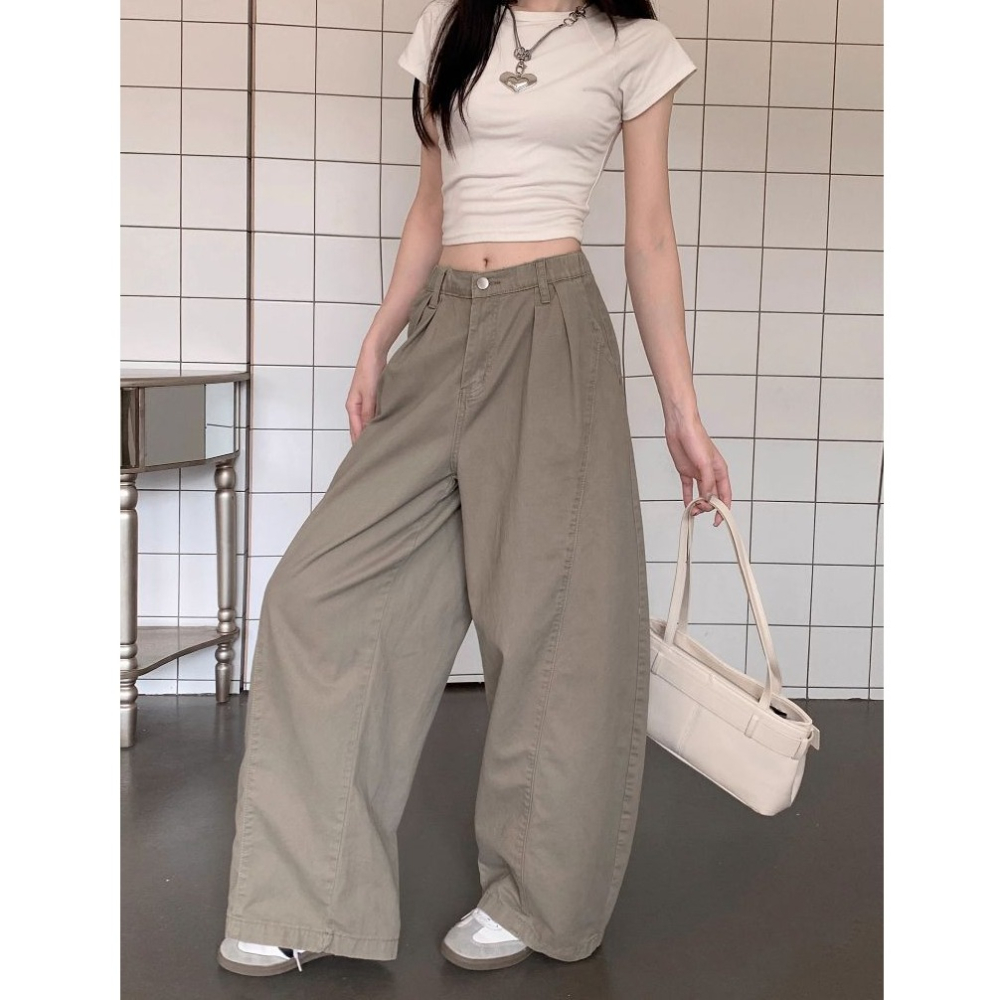 bunny_stall 美式復古色調🤎高腰闊腿牛仔拖地褲/灣刀褲/背後鬆緊設計/S-XL-細節圖6