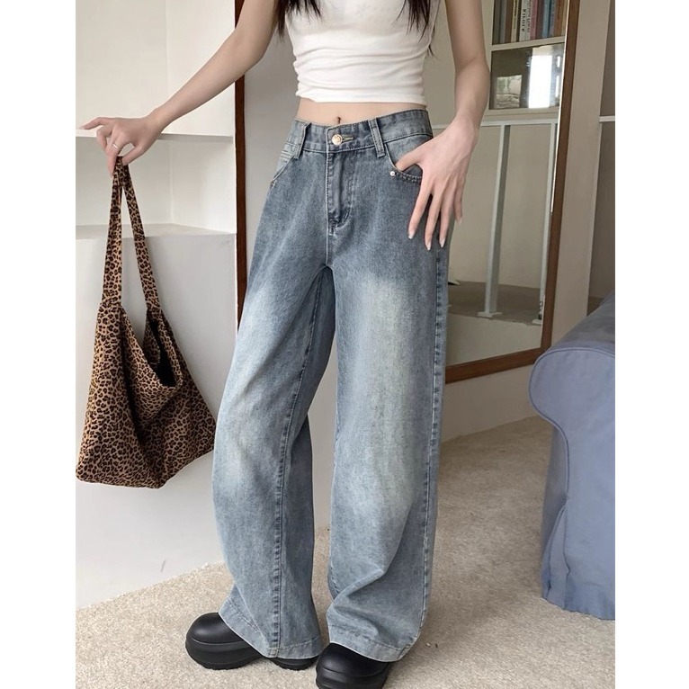 bunny_stall 版型超棒的垂墜感水洗刷色直筒牛仔褲闊腿褲/S-XL-細節圖2