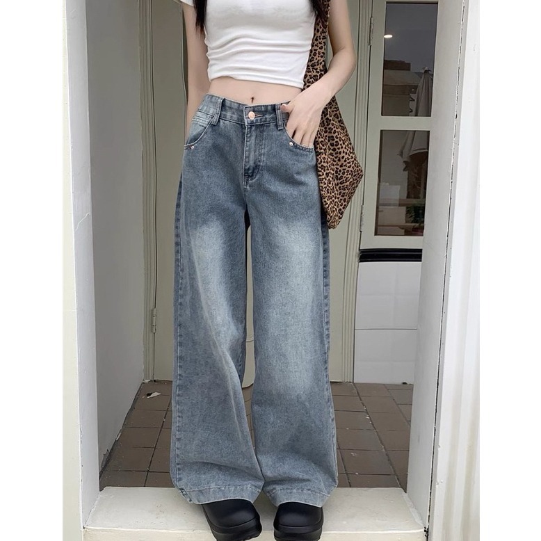 bunny_stall 版型超棒的垂墜感水洗刷色直筒牛仔褲闊腿褲/S-XL-細節圖4