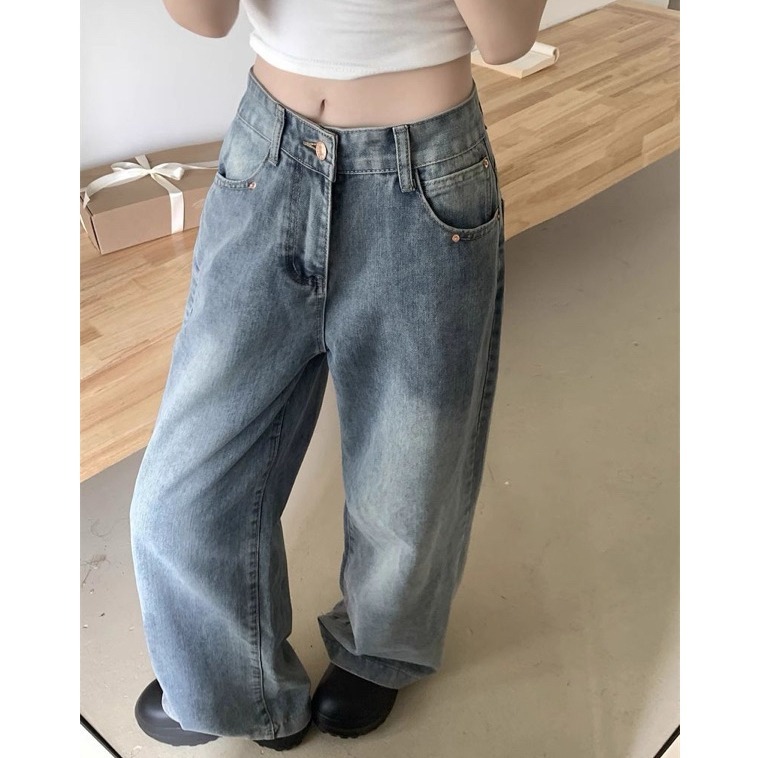 bunny_stall 版型超棒的垂墜感水洗刷色直筒牛仔褲闊腿褲/S-XL-細節圖5