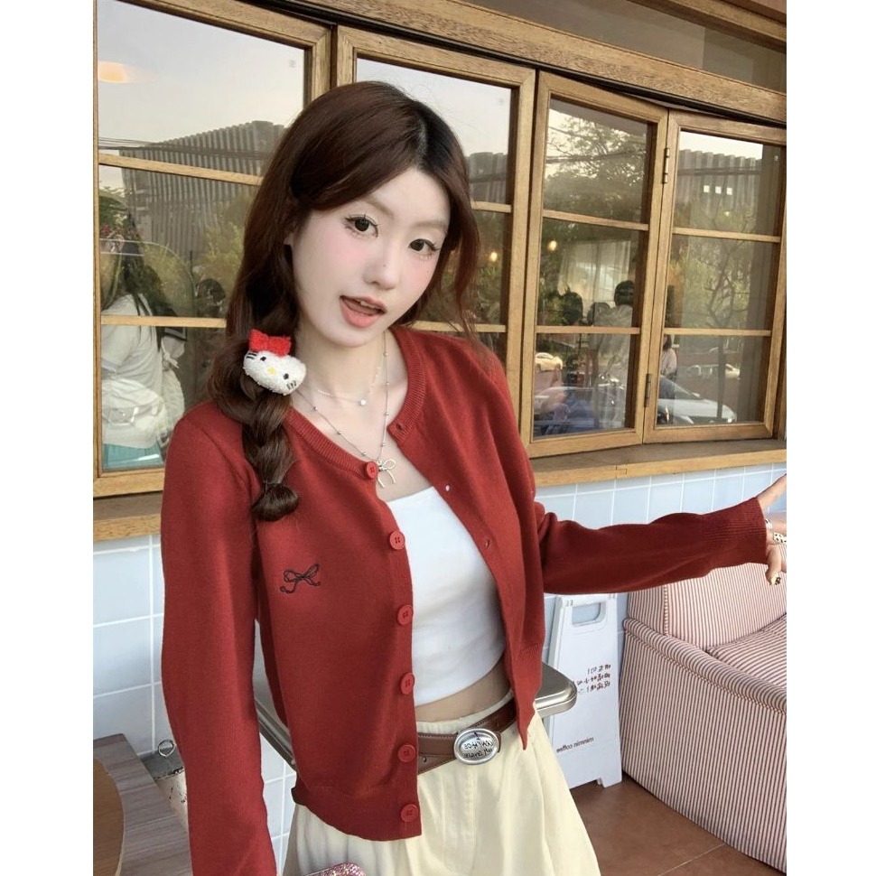 bunny_stall 春天的色調🎀蝴蝶結刺繡排釦圓領針織外套-規格圖9