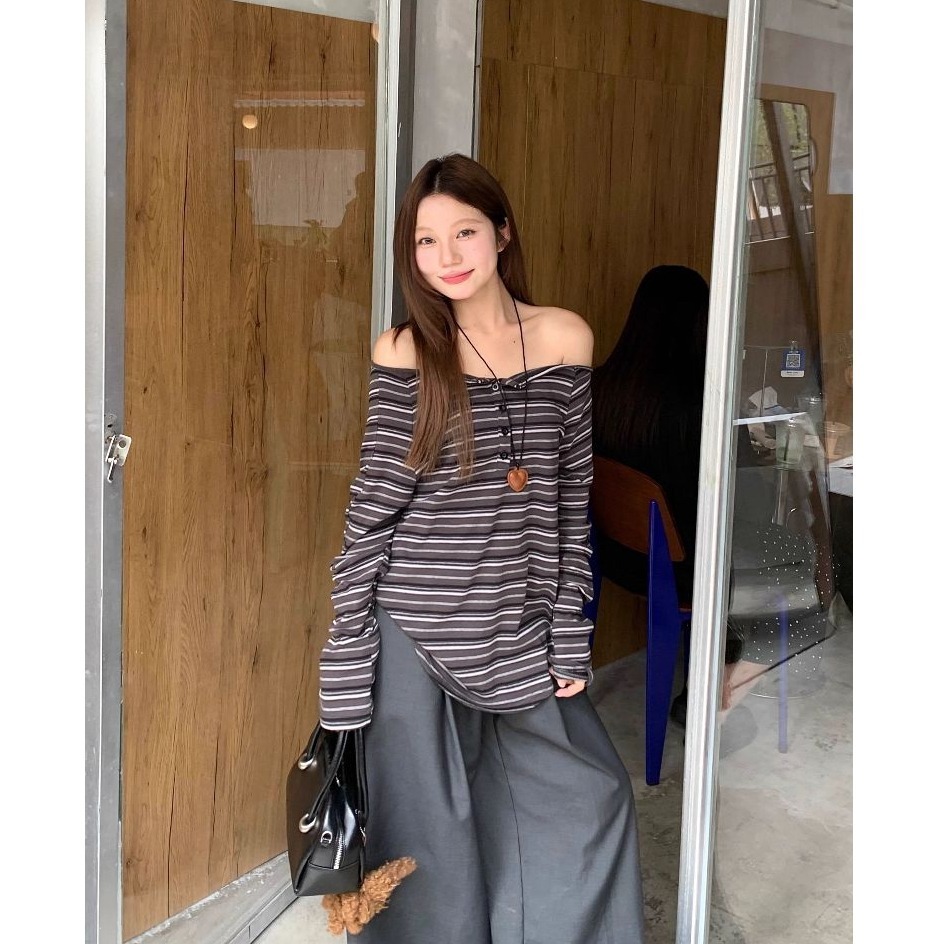 bunny_stall 🤎誰穿誰好看的百搭休閒條紋露肩上衣-細節圖6
