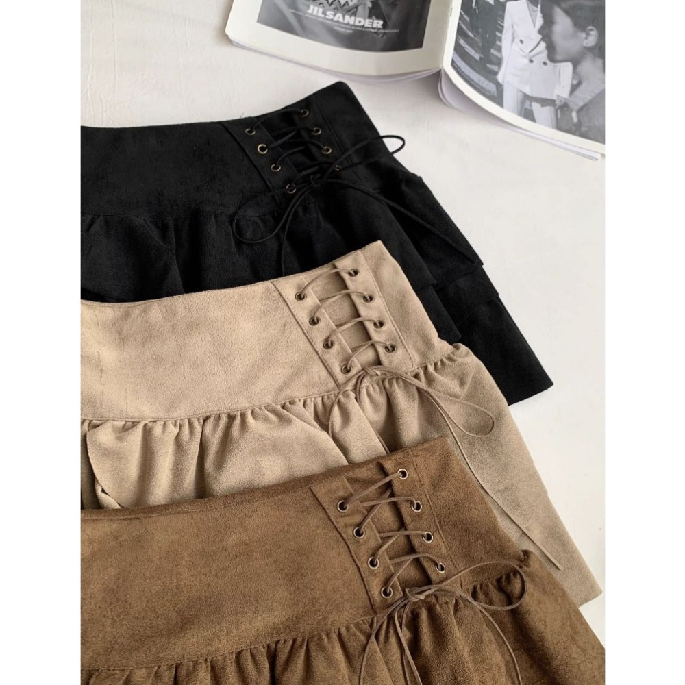 bunny_stall 不撞款！獨特交叉繫帶設計的不規則高腰短裙/有內襯/S-L-細節圖2