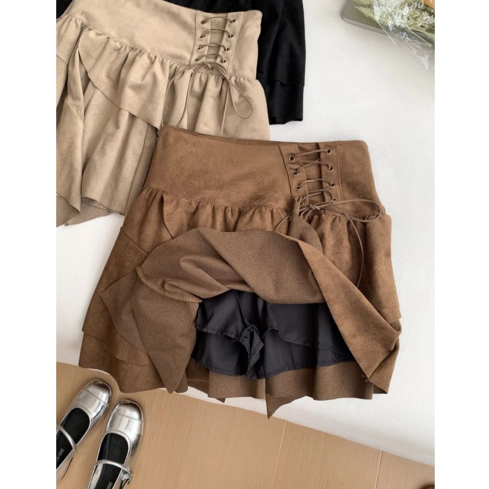 bunny_stall 不撞款！獨特交叉繫帶設計的不規則高腰短裙/有內襯/S-L-細節圖3