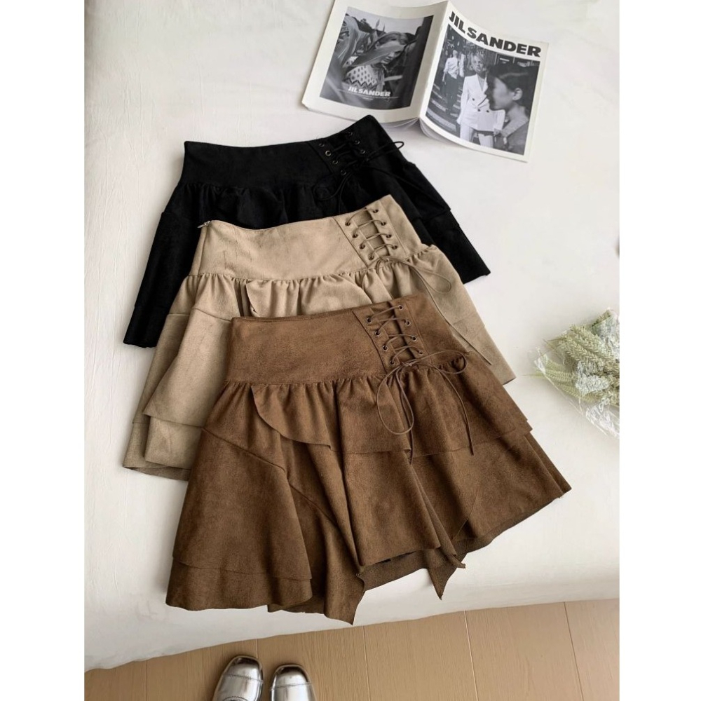 bunny_stall 不撞款！獨特交叉繫帶設計的不規則高腰短裙/有內襯/S-L-細節圖5