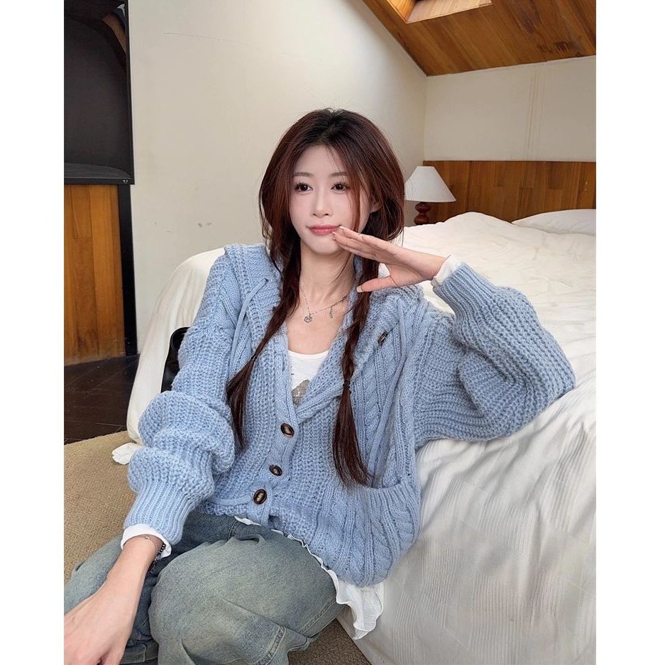 bunny_stall 🩵耐看百搭的雙口袋麻花針織連帽外套/3Colors-細節圖3