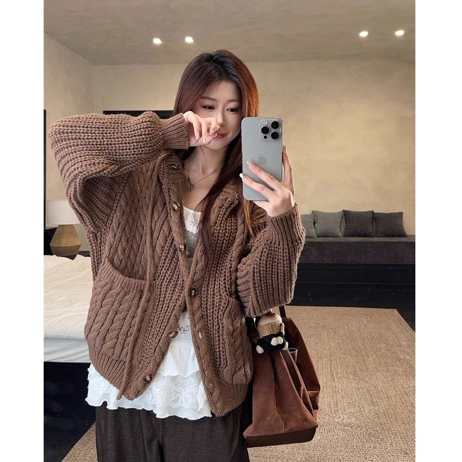 bunny_stall 🩵耐看百搭的雙口袋麻花針織連帽外套/3Colors-細節圖4