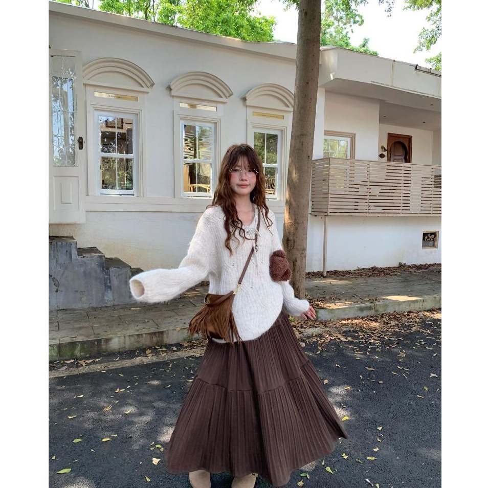 bunny_stall 擁有自然垂墜感的秋冬百摺毛呢長裙/4Colors-細節圖3