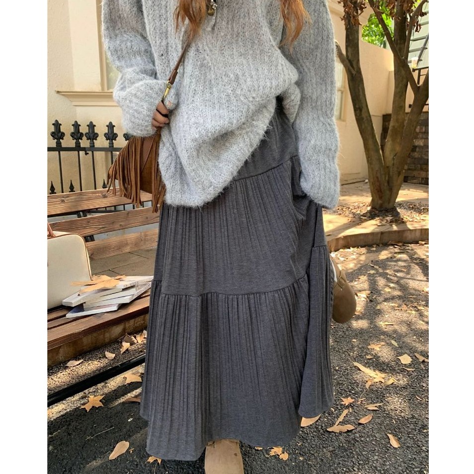 bunny_stall 擁有自然垂墜感的秋冬百摺毛呢長裙/4Colors-細節圖9