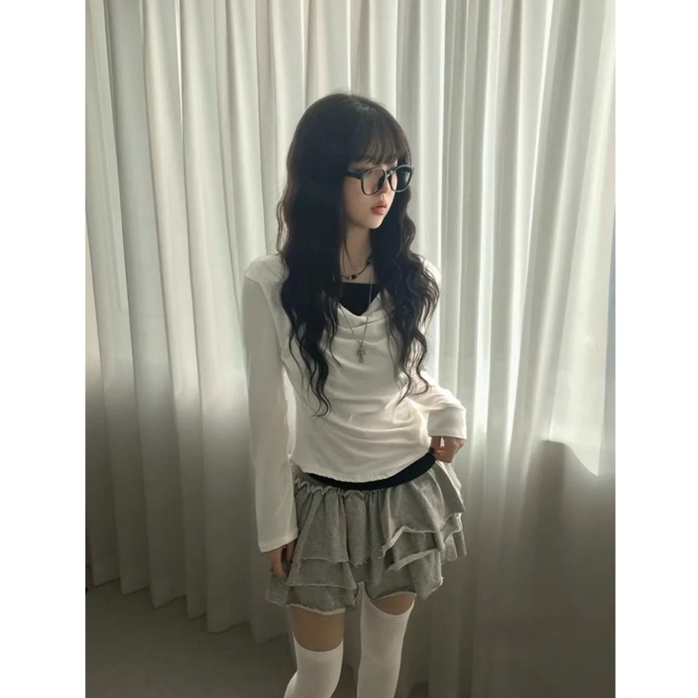 bunny_stall 在首爾的日常🤍簡約皺褶感假兩件式長袖上衣/S-L-細節圖2