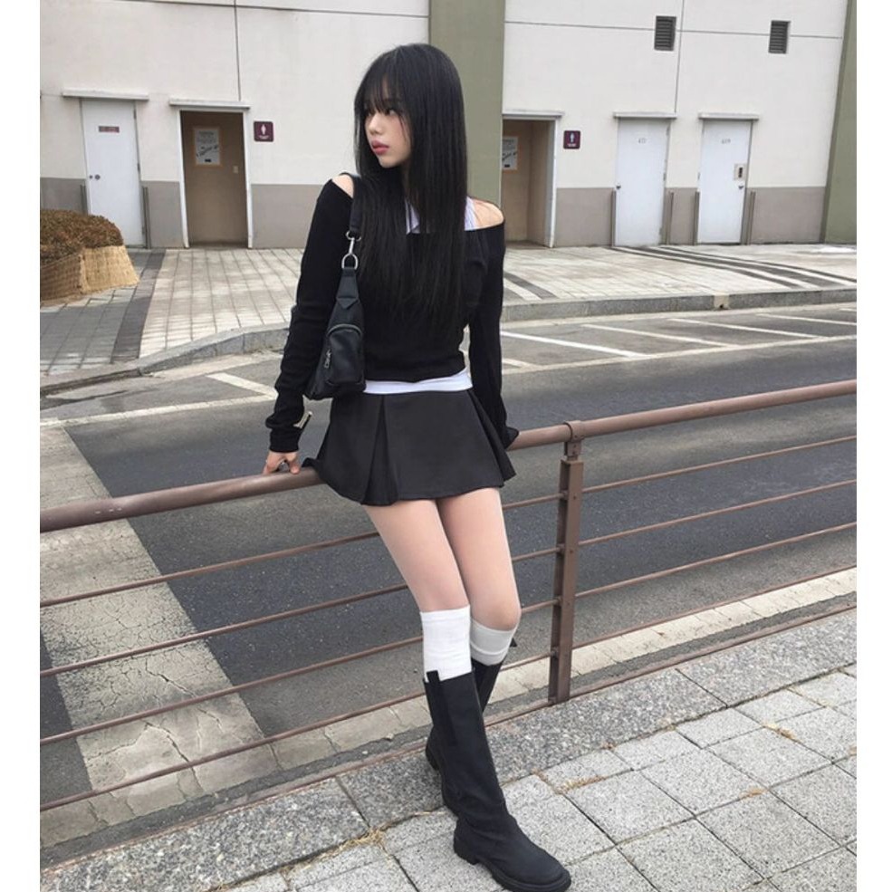 bunny_stall 梨大女大生穿搭術🖤學院風Polo領兩件式上衣+百搭質感短裙/S-L-細節圖3