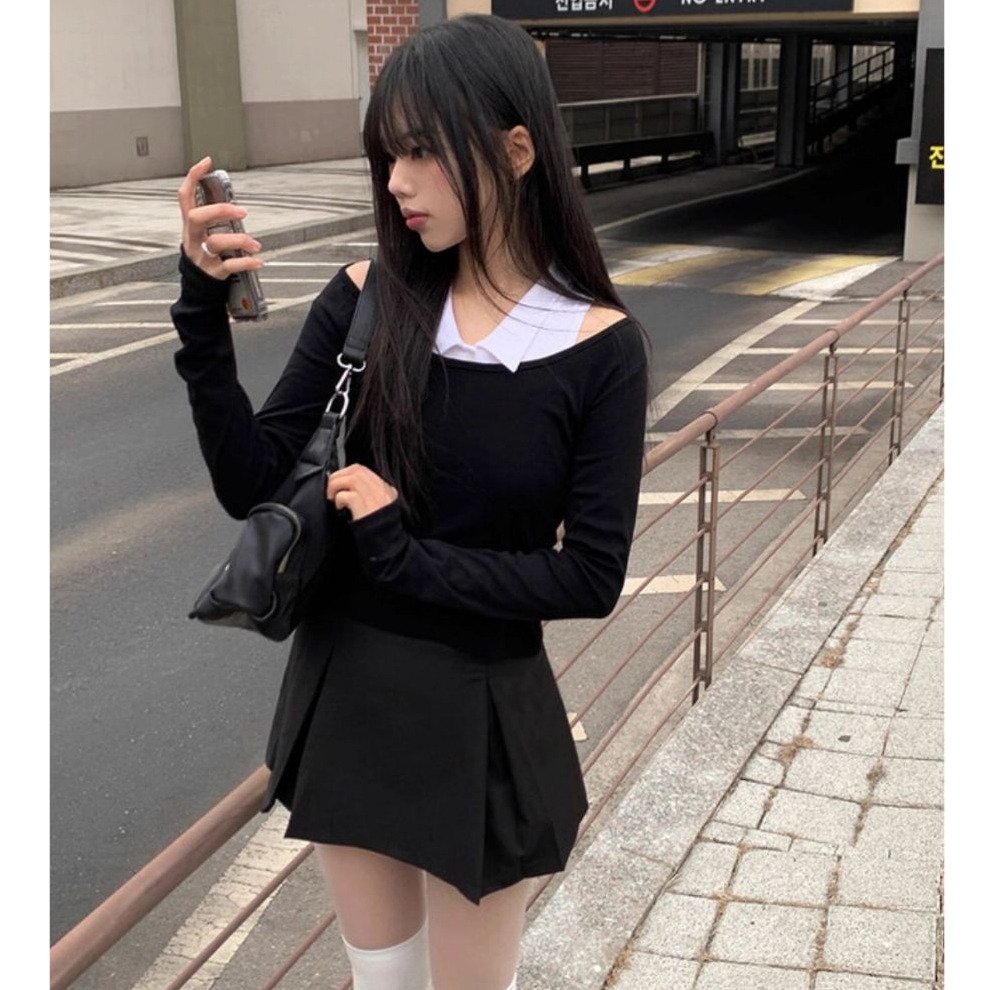 bunny_stall 梨大女大生穿搭術🖤學院風Polo領兩件式上衣+百搭質感短裙/S-L-細節圖4