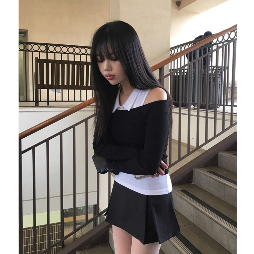 bunny_stall 梨大女大生穿搭術🖤學院風Polo領兩件式上衣+百搭質感短裙/S-L-細節圖5