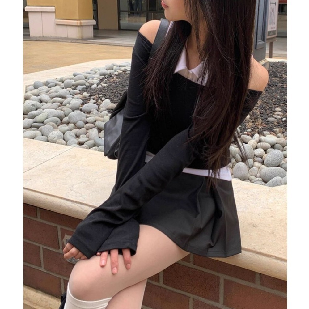 bunny_stall 梨大女大生穿搭術🖤學院風Polo領兩件式上衣+百搭質感短裙/S-L-細節圖6