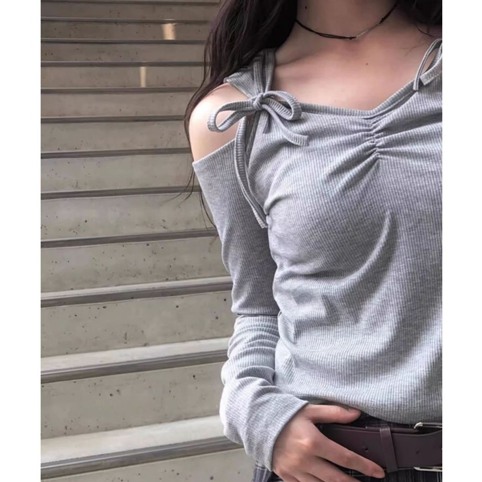 bunny_stall 灰霧悄語🩶微性感斜肩彈力針織衫+經典格紋百摺裙套裝/附皮帶/S-L-細節圖3