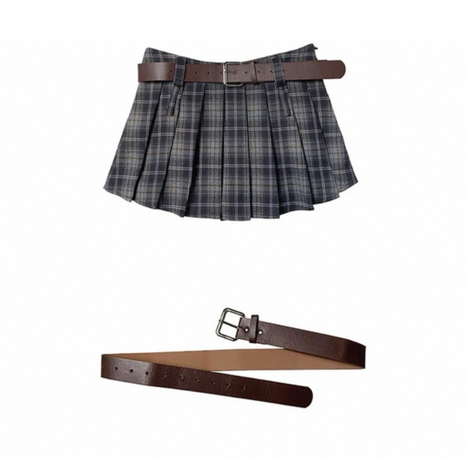 bunny_stall 灰霧悄語🩶微性感斜肩彈力針織衫+經典格紋百摺裙套裝/附皮帶/S-L-規格圖7