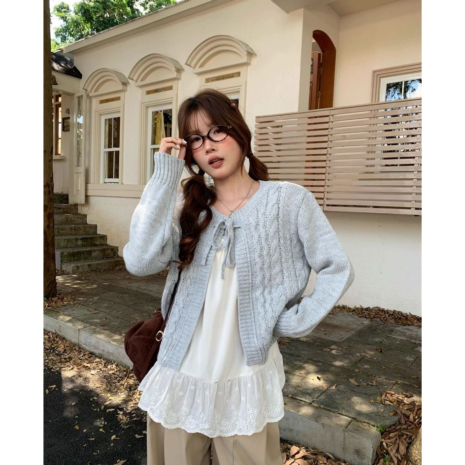 bunny_stall 溫柔的鄰家女孩❄️細緻的綁帶麻花針織罩衫/5Colors-細節圖2
